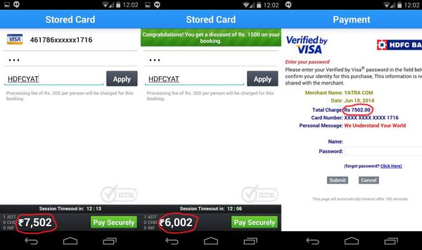 _vivekt's tweet photo. @YatraHolidays The discount does not reflect at the payment page. Its a serious bug in ur app. Please Refund http://t.co/BU5s6szvr2