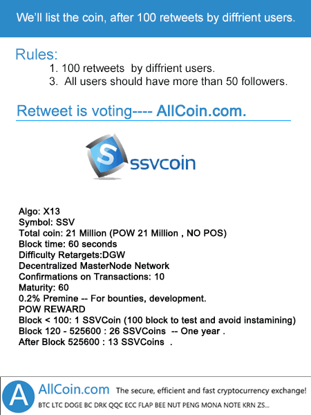 AllCoinEx's tweet photo. we'll list #SSVCoin after 100 retweets.  come on! @SSVCoin  https://t.co/umd3SknCQM http://t.co/mONbE17GL8