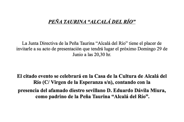 PTAlcaladelRio's tweet photo. Invitación presentación PEÑA TAURINA "ALCALÁ DEL RÍO" http://t.co/4zIiFWz5sw