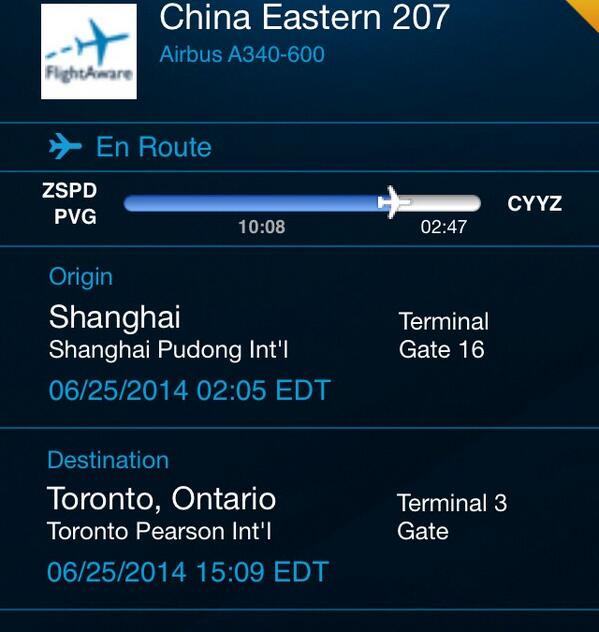 TomPodolec's tweet photo. China Eastern INAUGURAL FLIGHT to @TorontoPearson is enroute from #Shanghai. ETA 15:09 #CES207 A340-600 #Toronto #YYZ http://t.co/Vfxwdn0szS