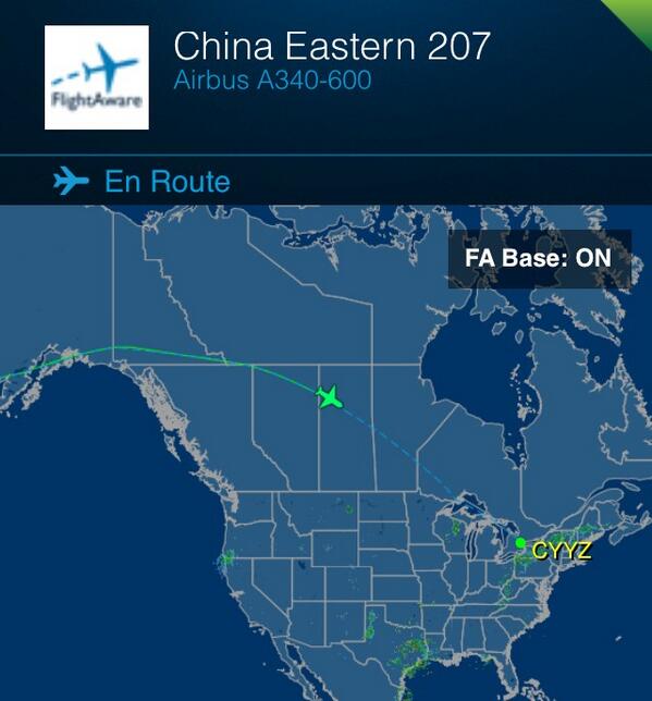 TomPodolec's tweet photo. China Eastern INAUGURAL FLIGHT to @TorontoPearson is enroute from #Shanghai. ETA 15:09 #CES207 A340-600 #Toronto #YYZ http://t.co/Vfxwdn0szS