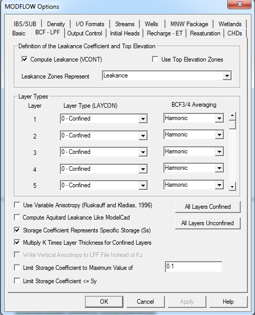 coalgeology's tweet image. My preferred setting for #MODFLOW BCF-LPF package in GW Vistas