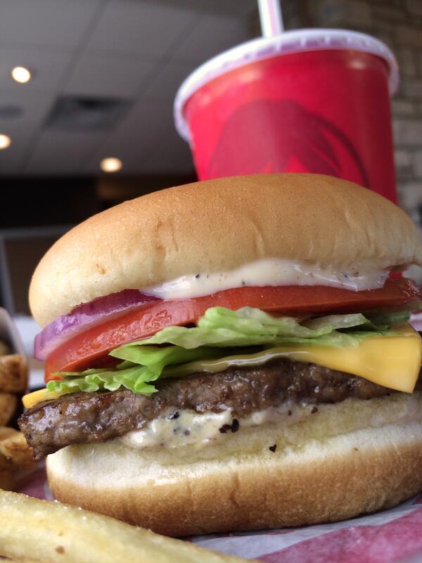 Wendys's tweet photo. The Steakhouse Jr. Cheeseburger Deluxe has savory steakhouse seasoning with none of the wait. http://t.co/vDhhh4OLTI