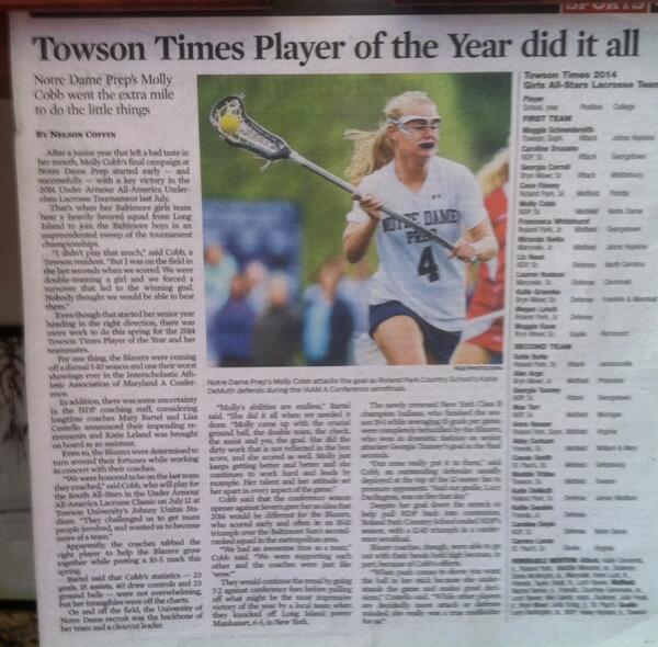 ndplacrosse1's tweet photo. Towson Times Player of the Year...Molly Cobb http://t.co/f5t6H9tSwZ