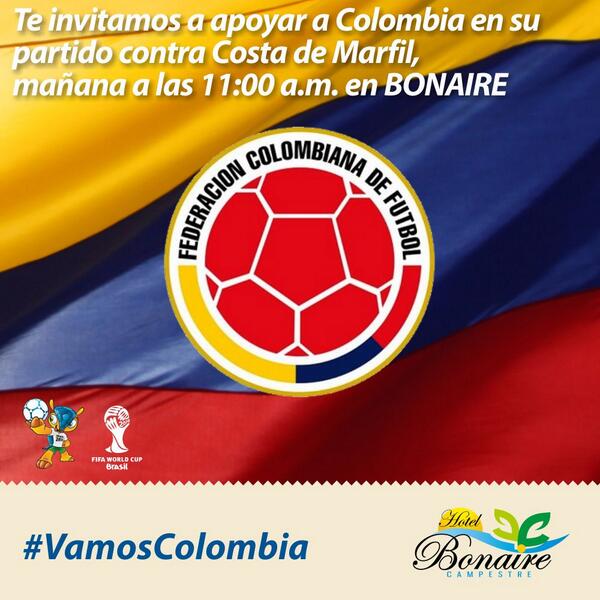 HotelBonaire's tweet photo. Te esperamos mañana en @HotelBonaire para que apoyemos a nuestra @FCFSeleccionCol en #Brasil2014 #VamosColombia http://t.co/6SMCS1kJ4P