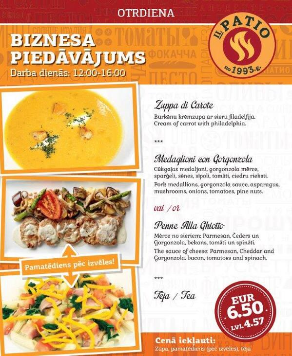 ilpatio_riga's tweet photo. Самое время вкусно поесть! 
Также напоминаем о действующей акции - 5-ый ланч в подарок! http://t.co/Sn2KGkGKe7