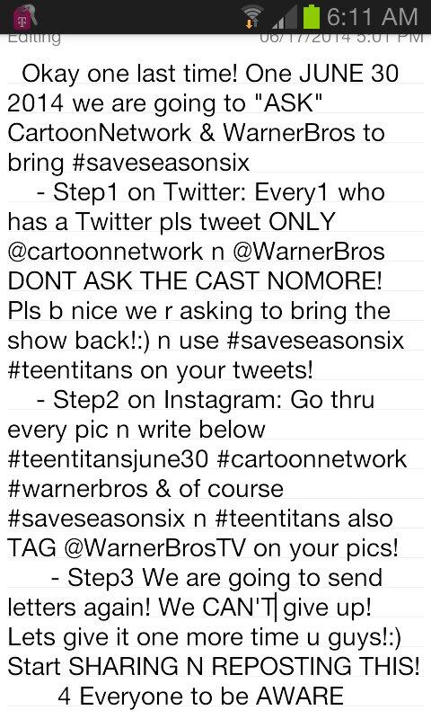 RavenAMZ's tweet photo. “@teentitans_fan1: @cward_cw38 @teentitans_fan1 http://t.co/ZGljwUE9L2” Please!! RT we can do it!! PLEASE!!! #saveseasonsix
