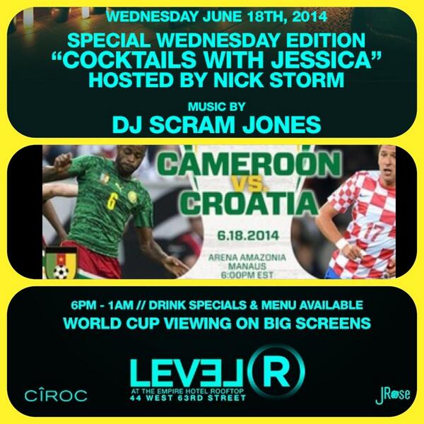 Tonite - Special Editon of #cocktails featuring World Cup viewing on big screens w music by <a href="/SCRAMJONES/">SCRAM JONES</a> at Level R