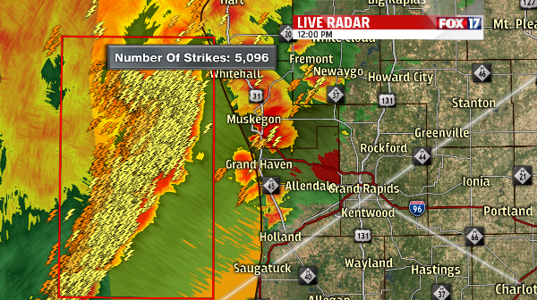 FOX17's tweet photo. Incredible. 5,000+ lightning strikes in the last 15 minutes with the line coming off of Lake Michigan soon. #wmiwx http://t.co/wvcx3iy0vl