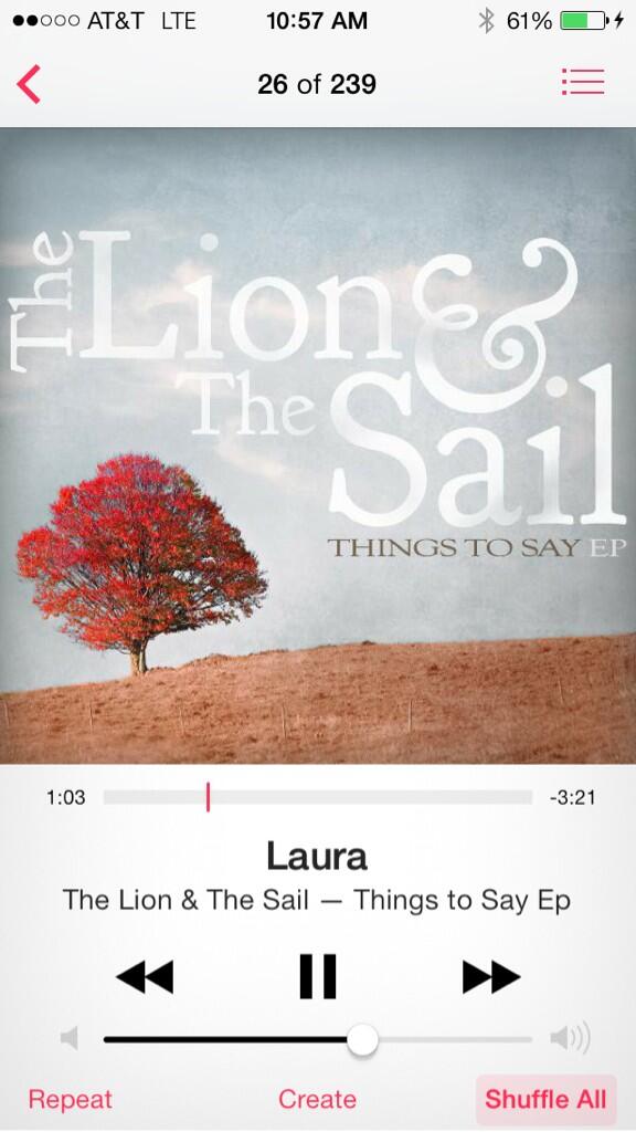FarrellJenkins's tweet photo. iPod is on shuffle and I am currently hearing @kirstenbelmont's beautiful voice with The Lion &amp; the Sail  🎧 http://t.co/TqVQczLaLJ