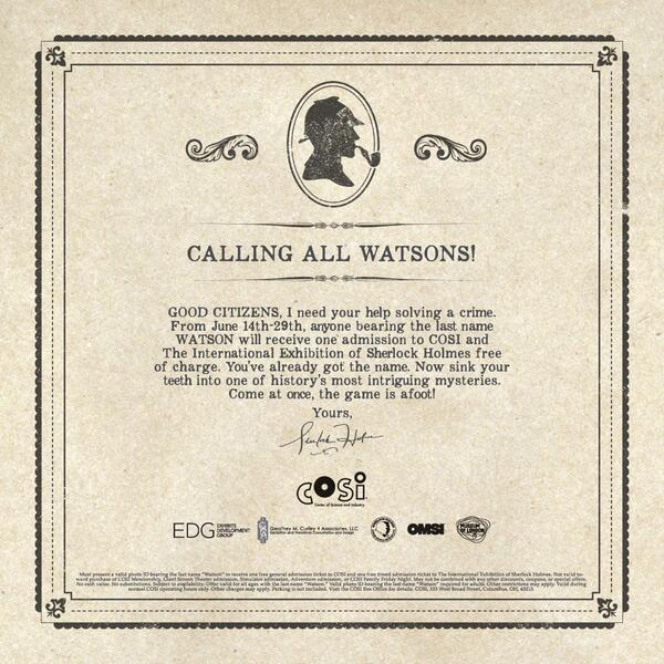 SherlockExhibit's tweet image. Holmes is long gone, but there’s a mystery to be solved at #cosisherlock – so join us if your last name is Watson!