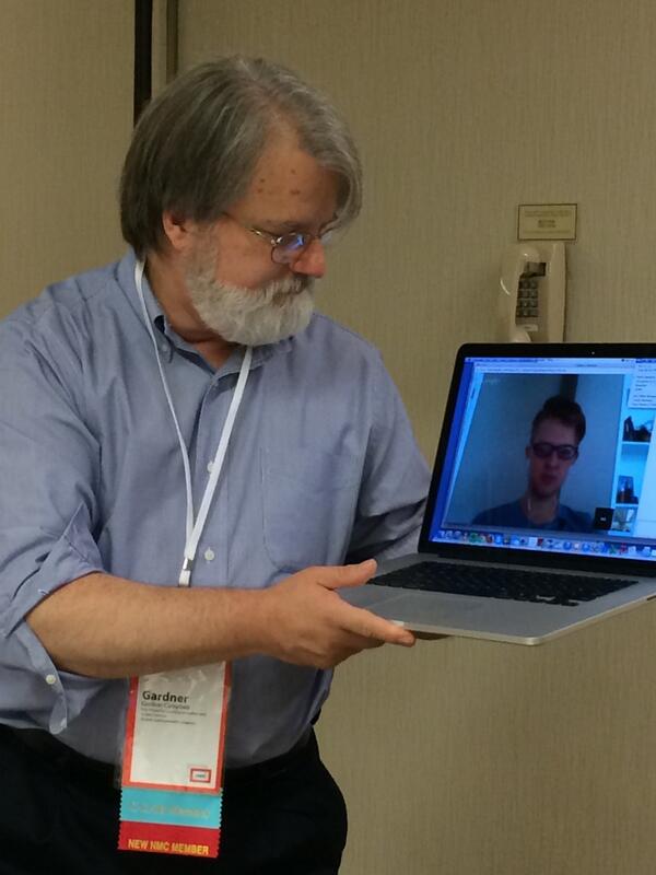 MollyBRansone's tweet image. Prepping 4 #nmc14 presentation, @GardnerCampbell w/ VCU student. Love old phone juxtaposed in pic. #thoughtvectors