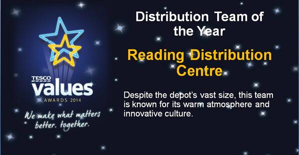 tesconews's tweet photo. Distribution Team of the Year goes to our Reading distribution centre - well done everyone! #valuesawards http://t.co/ibRLdQDpNn