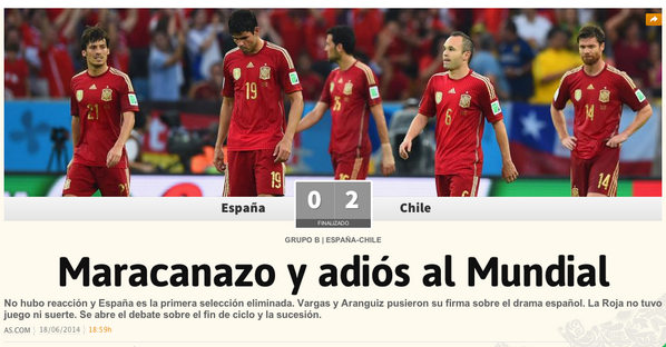 ElDeportivoLT's tweet photo. "Maracanazo y adiós al Mundial", titula @diarioas luego de la derrota de #ESP ante #CHI http://t.co/bW9TIfMRDf