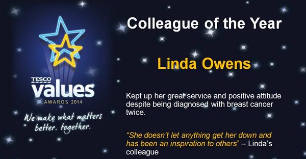 The winner of Colleague of the Year 2014 is LINDA OWENS!! #valuesawards