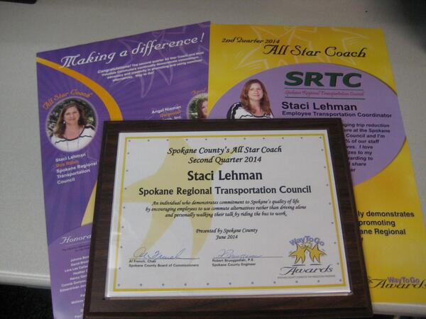 SRTC_Spokane's tweet photo. Woot! Named All Star Coach by @spokanecounty's #CommuteTripReduction program for promoting/using commute alternatives http://t.co/Z5KkrpEkT0