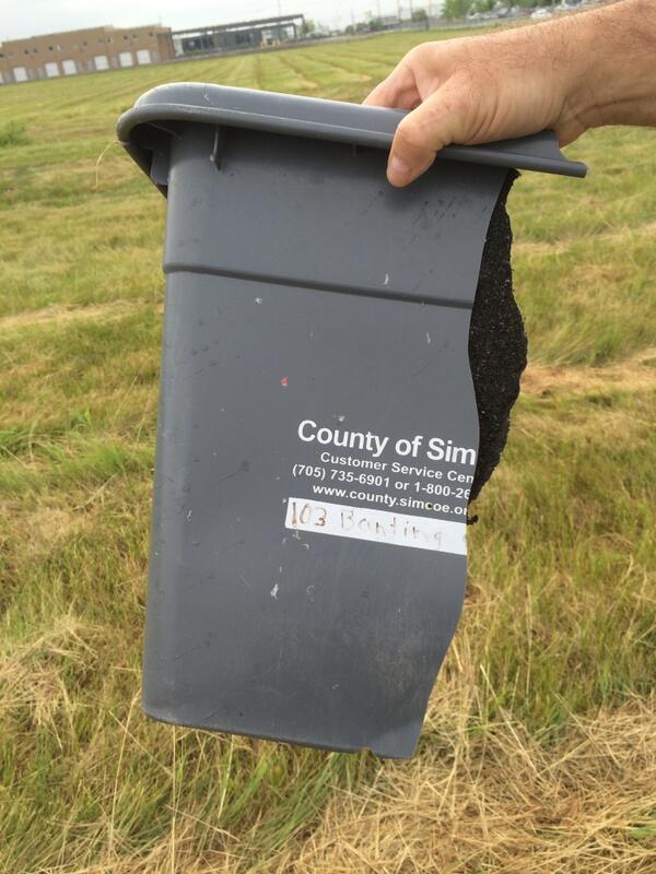 Amazing: this recycling bin travelled from the area worst hit by the tornado in Angus (Banting Cr) to Barrie #onstorm