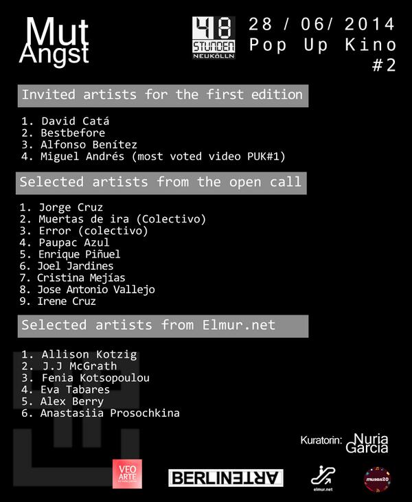 aracorbo's tweet photo. Lista artistas selecionados para @popupkino por @VeoArte | Inauguración: 28 junio #48stunden #Neukölln en #PPCGallery http://t.co/r2uFZo5Drw