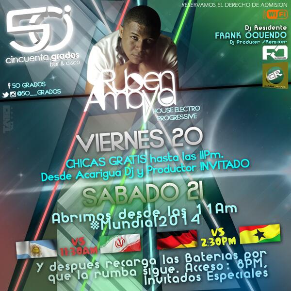 50__GRADOS's tweet photo. @virginiamerchan HOY20 #50GRADOSDEVUELTA Las Chicas GRATIS. Dj Invitado @RubenAmaya_ - SAB21 #Mundial2014 #50DERUMBA http://t.co/jYDeVKEcOK