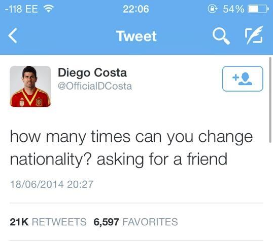 voetbalzonenl's tweet photo. Iemand? #spachi #diegocosta #wk2014 http://t.co/X65ePun3Mt