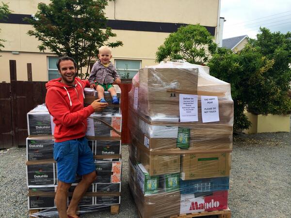 thehappypear's tweet photo. WAHOO!!! Nearly party time! Steve &amp; lil Theo &amp; the first of the pallets all wrapped &amp; ready to go to @BodyandSoulIrl http://t.co/fiaPxOFRxn