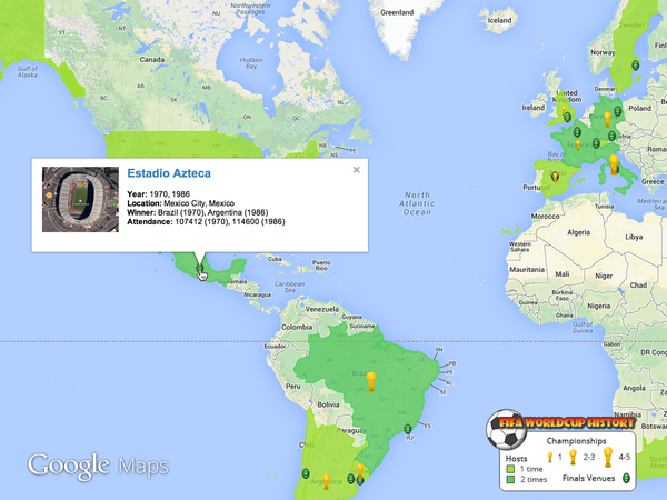 googlemaps's tweet photo. Fan of #WorldCup history? This #MapsGallery map plots the winners and hosts of years past → http://t.co/ei5XEw0bXW http://t.co/CG6a9aZav6