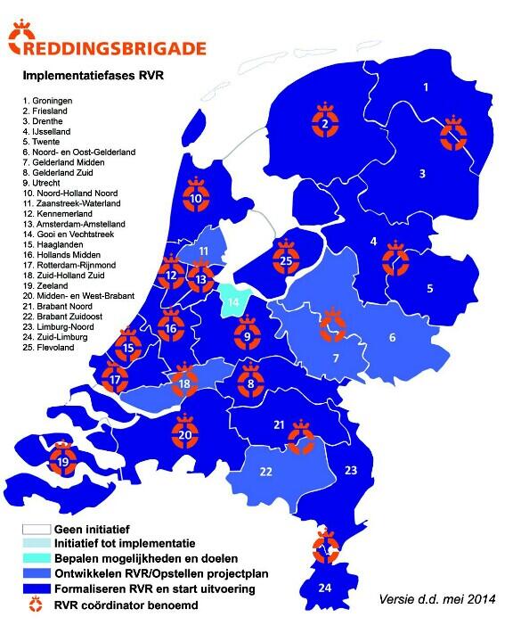 De vorming van de RVR's gaat gestaag verder. Steeds meer donkerblauw. In 19 veiligheidsregio's een RVR en in 5 i.o.