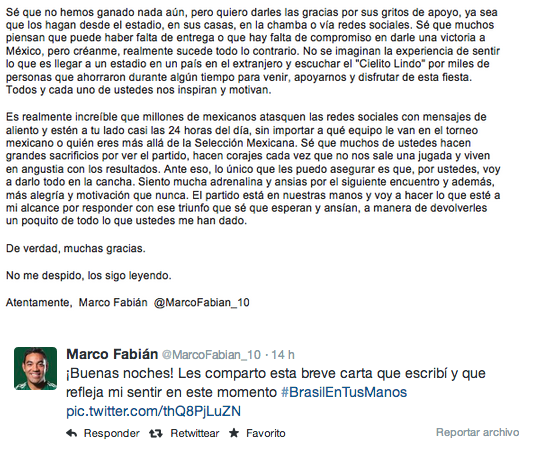 kiqer10's tweet photo. ¿Leyeron la carta que @MarcoFabian_10 escribió para toda la afición de @miseleccionmx? #YaCreo #ContigoMiSeleccion http://t.co/3D8rNmVj4e