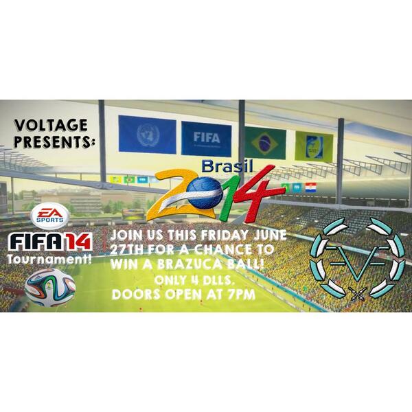 voltageyouth's tweet photo. Don't miss out on 6/27 for the FIFA World Cup tournament! Only $4 and winner gets a Brazuca ball. Doors open at 7PM! http://t.co/eV8Y51Y14B