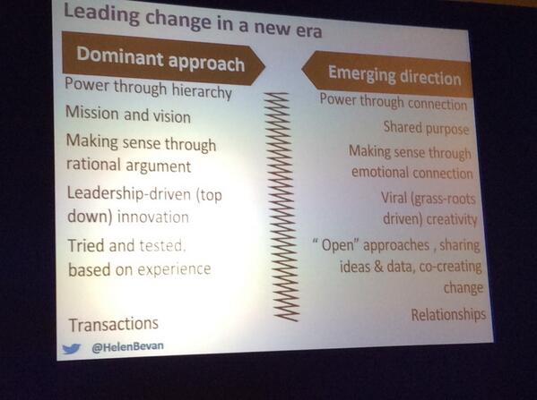 NETSQI's tweet image. How we need to lead change in a new era @helenbevan #NETS2014 more connection, shared purpose and co-creation.