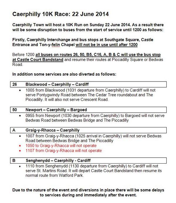 Bus time table changes 22nd June 2014 #caerphilly10k