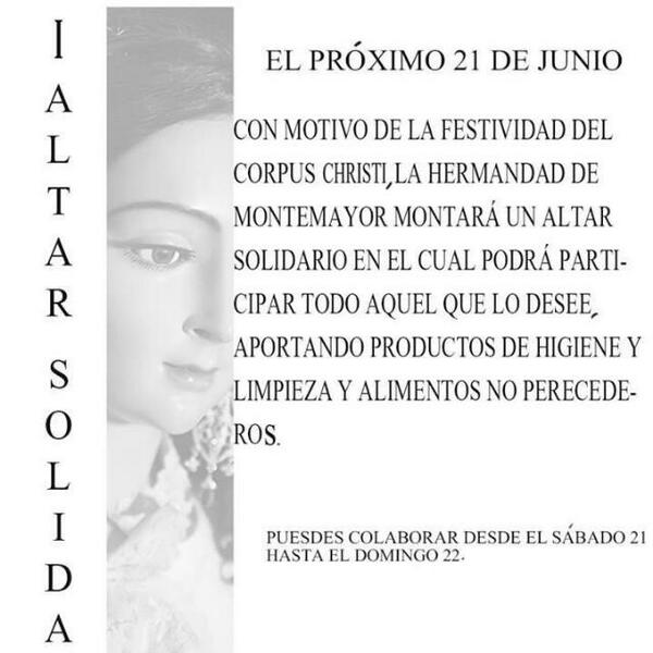 Mañana sábado el Grupo Joven de Montenayor, montará un Altar Solidario en la calle Cervantes.