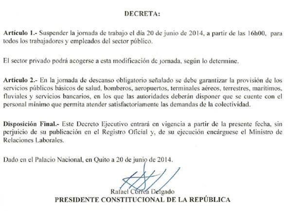 TelediarioEC's tweet photo. #ATENCIÓN: @MashiRafael decreta jornada única de trabajo hoy 20 de junio para apoyar a la selección http://t.co/vWSbdp5vgI @fabricevallos