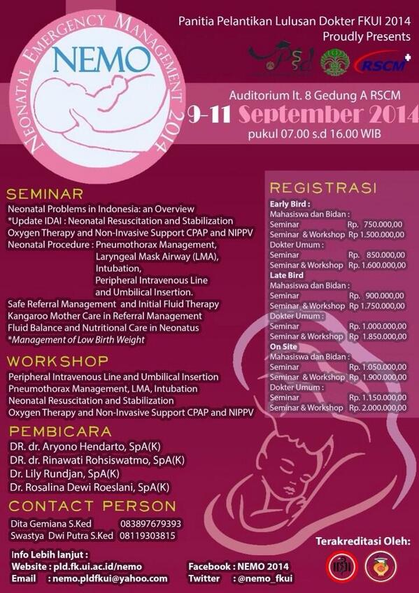 nemo_fkui's tweet photo. NEMO 2014 hadir dengan banyak materi terkait emergensi neonatus, salah satunya UPDATE GUIDELINE resusitasi neonatus http://t.co/7NB4XnUZzJ