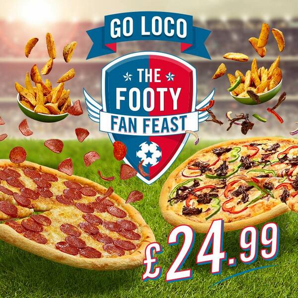 DominosLondon's tweet photo. Kick things off with our Footy Fan Feast!  2 large pizzas &amp; 2 portions of wedges for £24.99! http://t.co/2AO6jBhi0z