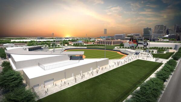 Rendering of First Tennessee Park with its modern guitar video board.