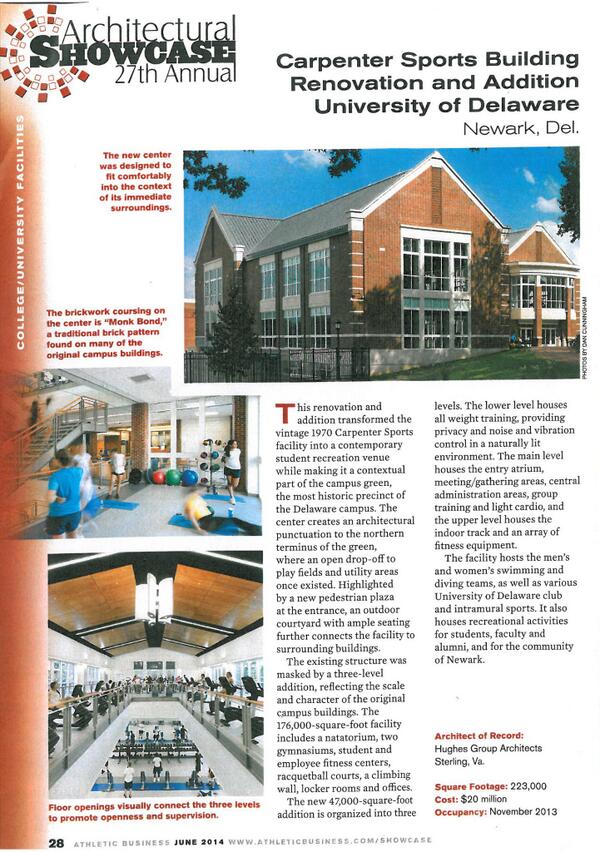 Check out a great feature in <a href="/AthleticBiz/">Athletic Business</a> June issue on <a href="/UDelaware/">Univ. of Delaware</a> #CarpenterSportsBuilding #HughesGroupArchitects
