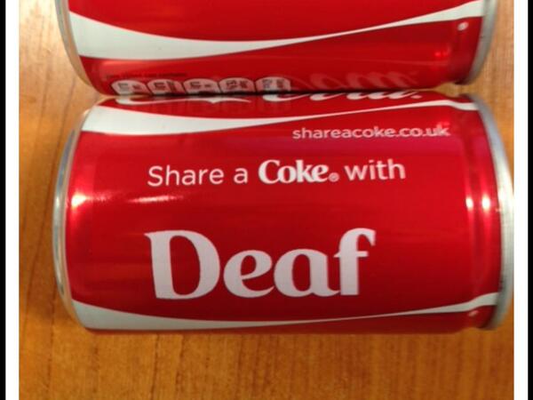 BritishDeafNews's tweet photo. Share a Coke with Deaf!!? :-) Have a great weekend! #shareacoke #deaf http://t.co/0S19gEiKhx