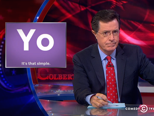 NivDror's tweet image. Technology Analyst turned TV🎤 @StephenAtHome dedicated an entire segment to YO. #appwin Watch mashable.com/2014/06/20/ste…