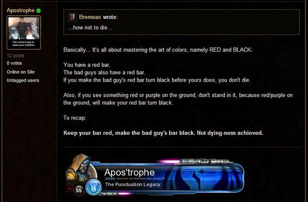 fowlskins's tweet photo. @TheWhiteWolves “advice about how not to die in #SWTOR, and most games really. http://t.co/2CihPtNCeg”