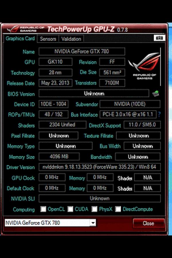 JamesLawrence2k's tweet photo. @NVIDIAGeForce @nvidia Any ideas? It powers on, no display output and this on gpu-z. http://t.co/GbUStj78Sk