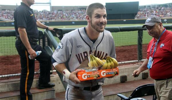 ESPNU's tweet photo. Mike Papi says "Weather delay? I've gotta save the food." @UVAbaseball at bat when lightning flashed. http://t.co/UkFGWo83F9