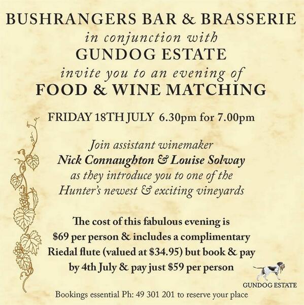 Join us for our next Winemakers Dinner w' Gundog Estate, Fri 18/7 4 course dinner w' matching wines #BookNow!