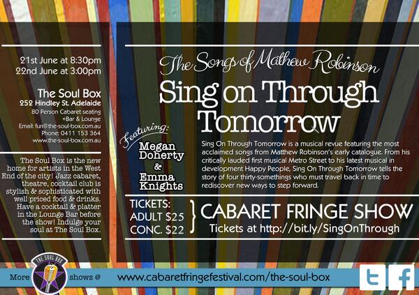 TheSoulBox's tweet image. Two more performances, tonight &amp;amp; tomorrow! More info here: bit.ly/SingOnThrough #adcabfest #cabfringe #adelaide