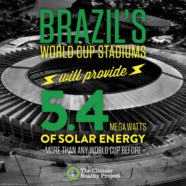 ClimateReality's tweet photo. Brazil’s World Cup stadiums #PutSolarOnIt &amp; will power tournament w/5.4 megawatts of clean energy. http://t.co/5PHzbvXc0j