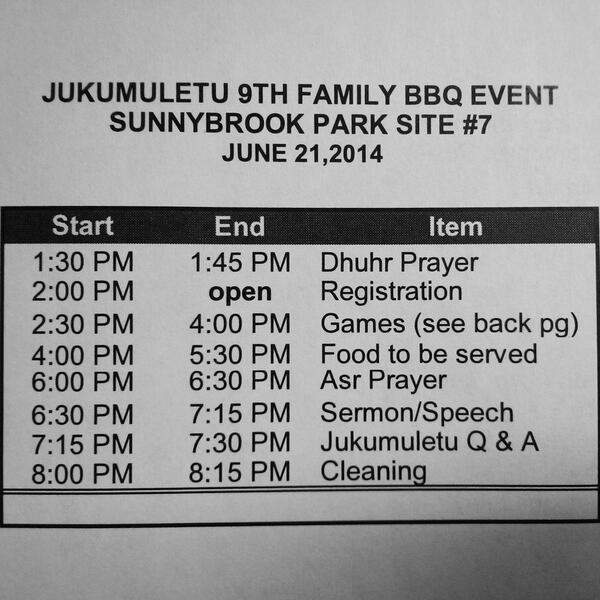 jukumuletu's tweet photo. 2014 Jukumuletu Family BBQ Schedule of Events - #jukumuletu #bbq #2014 #jukumuletubbq #toronto #sunnybrookpark http://t.co/fl8zldhyo7