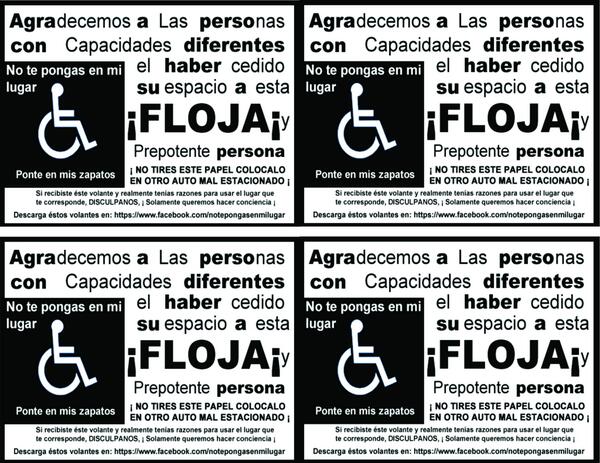 Volantes para crear conciencia social, por el respeto a los derechos de estacionamiento para personas discapacitadas.