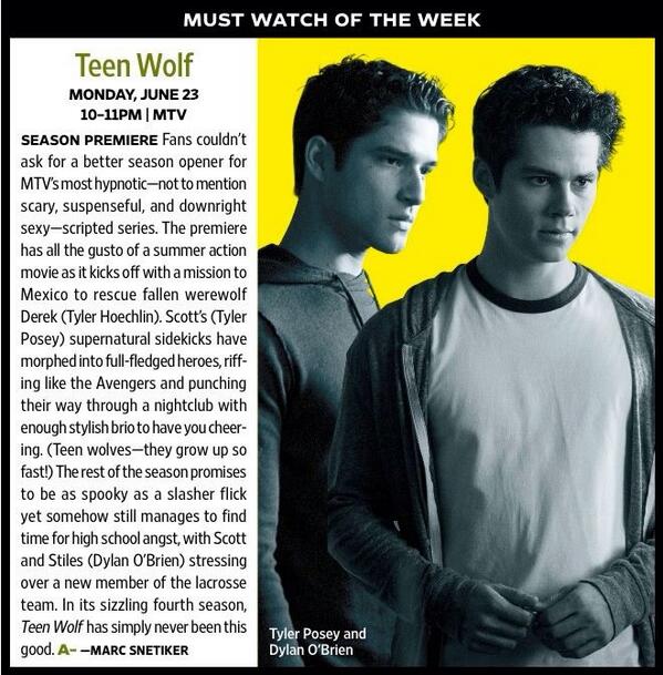 MTVteenwolf's tweet image. "In its sizzling fourth season, #TeenWolf has simply never been this good." Hey thanks @EW, you're swell.