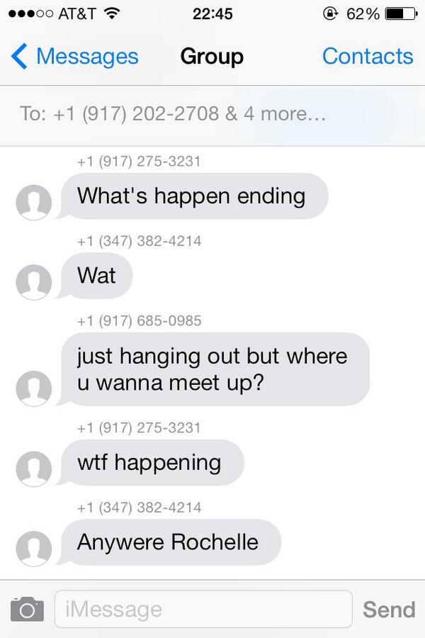 NateLibrizzi's tweet photo. I'm somehow in a group chat with four random people. Who is Rochelle??? http://t.co/CjiZVlZhk5