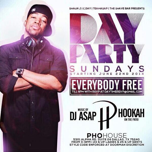 DallasHot100's tweet photo. 2morrow new #DayParty #Sunday #PhoHouse!! @DJASAP #HookahsOnThePatio!! #WhyNot #ItsSummer #FreeWithRSVP #TeamAsap http://t.co/E5Or0hvwff